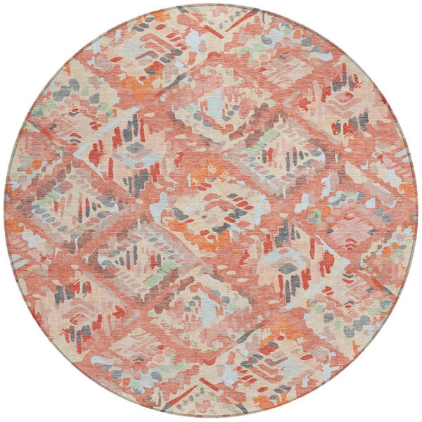 HomeRoots 5' Coral and Orange Geometric Area Rug - Stylish, Washable, Stain-Resistant Design for Indoor/Outdoor Use 8' Round 609132