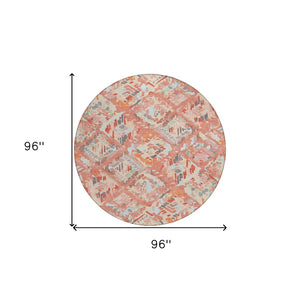 HomeRoots 5' Coral and Orange Geometric Area Rug - Stylish, Washable, Stain-Resistant Design for Indoor/Outdoor Use 8' Round 609132