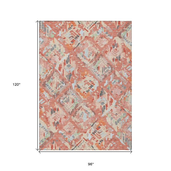 HomeRoots 5' Coral and Orange Geometric Area Rug - Stylish, Washable, Stain-Resistant Design for Indoor/Outdoor Use 8' X 10' 609133
