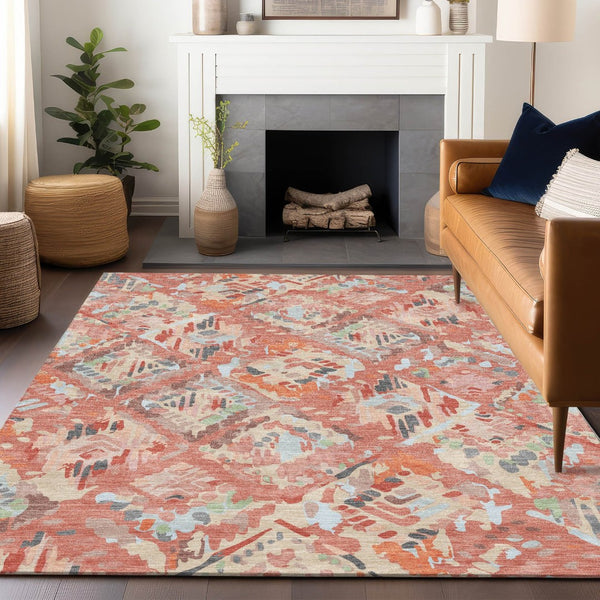 HomeRoots 5' Coral and Orange Geometric Area Rug - Stylish, Washable, Stain-Resistant Design for Indoor/Outdoor Use 8' X 10' 609133