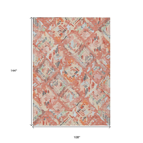 HomeRoots 5' Coral and Orange Geometric Area Rug - Stylish, Washable, Stain-Resistant Design for Indoor/Outdoor Use 9' X 12' 609134
