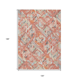 HomeRoots 5' Coral and Orange Geometric Area Rug - Stylish, Washable, Stain-Resistant Design for Indoor/Outdoor Use 10' X 14' 609135