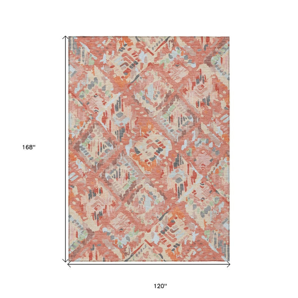 HomeRoots 5' Coral and Orange Geometric Area Rug - Stylish, Washable, Stain-Resistant Design for Indoor/Outdoor Use 10' X 14' 609135