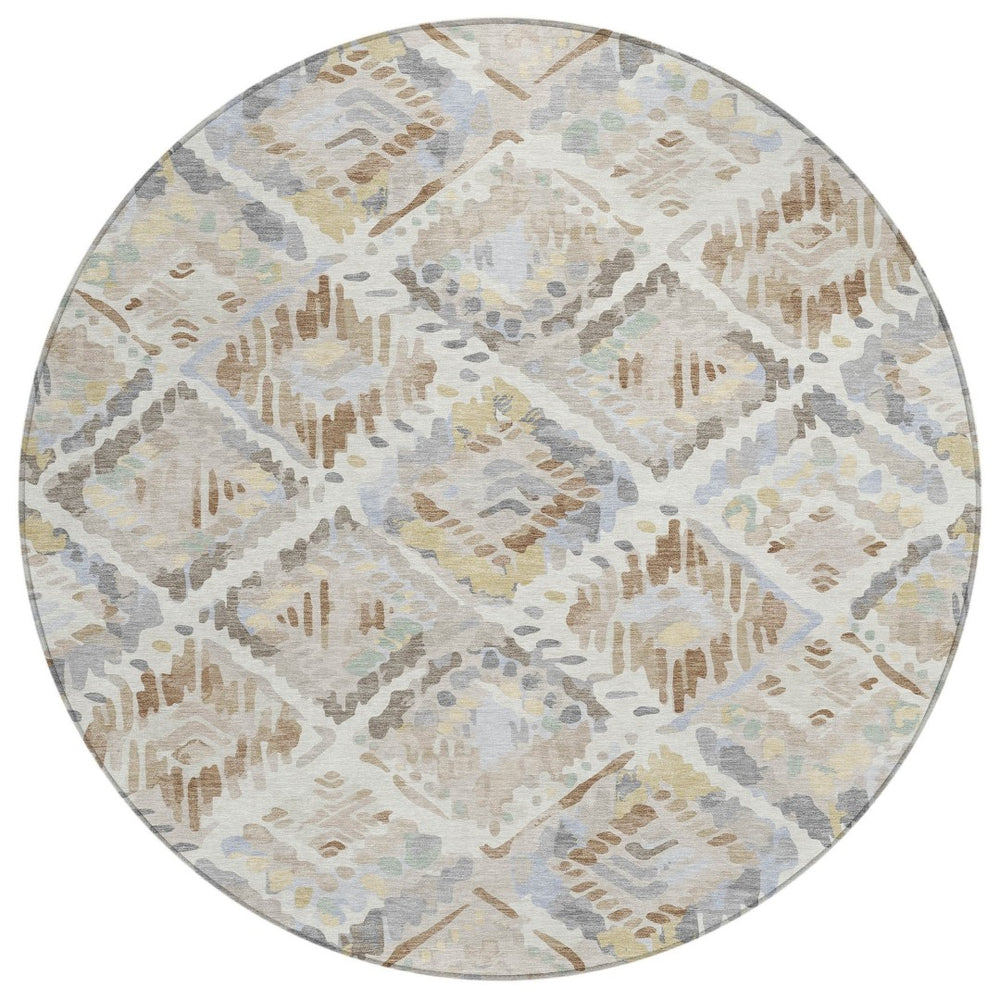 HomeRoots 5' Ivory and Cream Geometric Area Rug - Durable, Washable, Indoor/Outdoor Design for Any Space 8' Round 609138