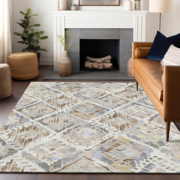 HomeRoots 5' Ivory and Cream Geometric Area Rug - Durable, Washable, Indoor/Outdoor Design for Any Space 8' X 10' 609139