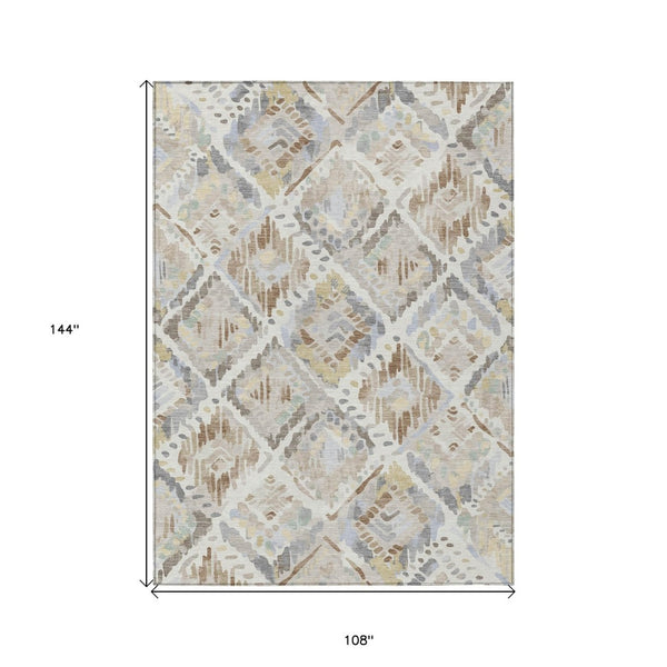 HomeRoots 5' Ivory and Cream Geometric Area Rug - Durable, Washable, Indoor/Outdoor Design for Any Space 9' X 12' 609140