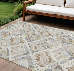 HomeRoots 5' Ivory and Cream Geometric Area Rug - Durable, Washable, Indoor/Outdoor Design for Any Space 9' X 12' 609140
