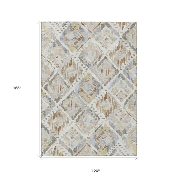 HomeRoots 5' Ivory and Cream Geometric Area Rug - Durable, Washable, Indoor/Outdoor Design for Any Space 10' X 14' 609141