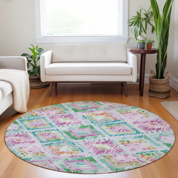 HomeRoots 5' Stylish Lavender and Purple Geometric Area Rug - Durable, Machine-Washable for Indoor/Outdoor Use 8' Round 609150