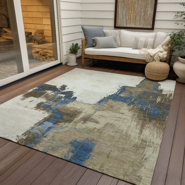 HomeRoots 5' Abstract Beige and Brown Washable Area Rug for Indoor and Outdoor Use – Durable, Modern Design 5' X 8' 609155