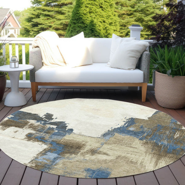HomeRoots 5' Abstract Beige and Brown Washable Area Rug for Indoor and Outdoor Use – Durable, Modern Design 8' Round 609156