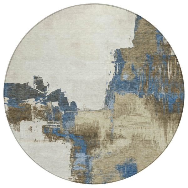 HomeRoots 5' Abstract Beige and Brown Washable Area Rug for Indoor and Outdoor Use – Durable, Modern Design 8' Round 609156