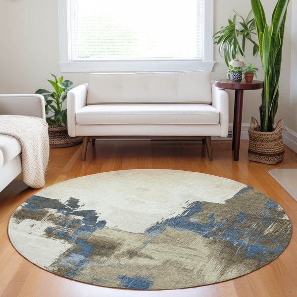 HomeRoots 5' Abstract Beige and Brown Washable Area Rug for Indoor and Outdoor Use – Durable, Modern Design 8' Round 609156