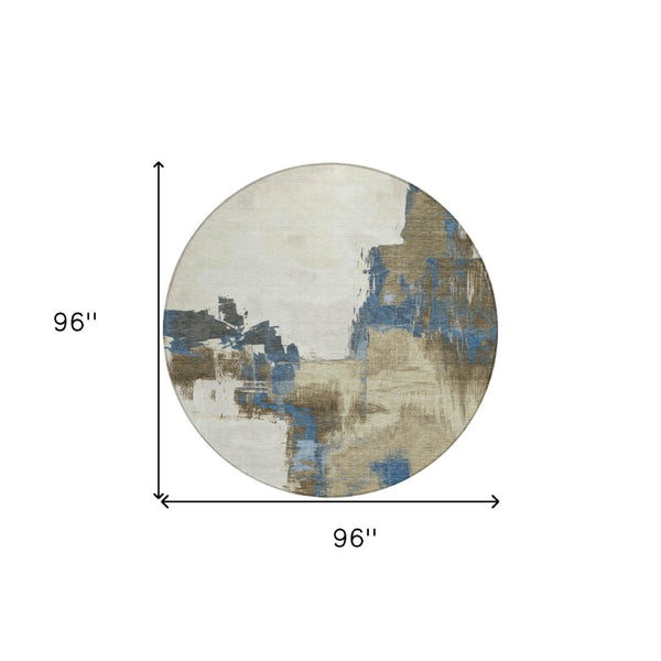 HomeRoots 5' Abstract Beige and Brown Washable Area Rug for Indoor and Outdoor Use – Durable, Modern Design 8' Round 609156