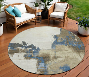 HomeRoots 5' Abstract Beige and Brown Washable Area Rug for Indoor and Outdoor Use – Durable, Modern Design 8' Round 609156