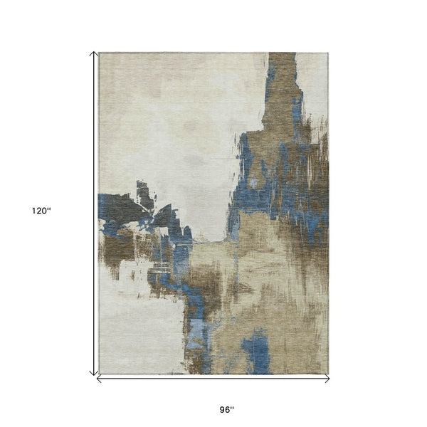 HomeRoots 5' Abstract Beige and Brown Washable Area Rug for Indoor and Outdoor Use – Durable, Modern Design 8' X 10' 609157