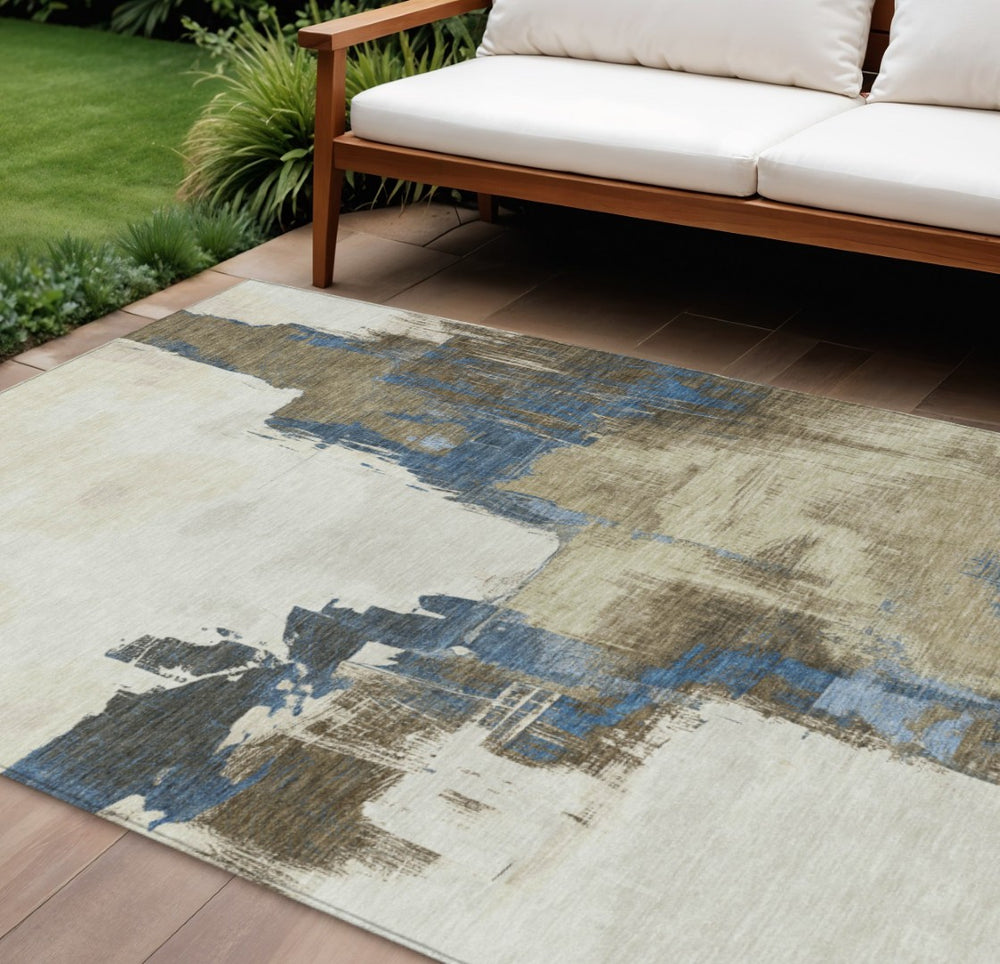 HomeRoots 5' Abstract Beige and Brown Washable Area Rug for Indoor and Outdoor Use – Durable, Modern Design 10' X 14' 609159