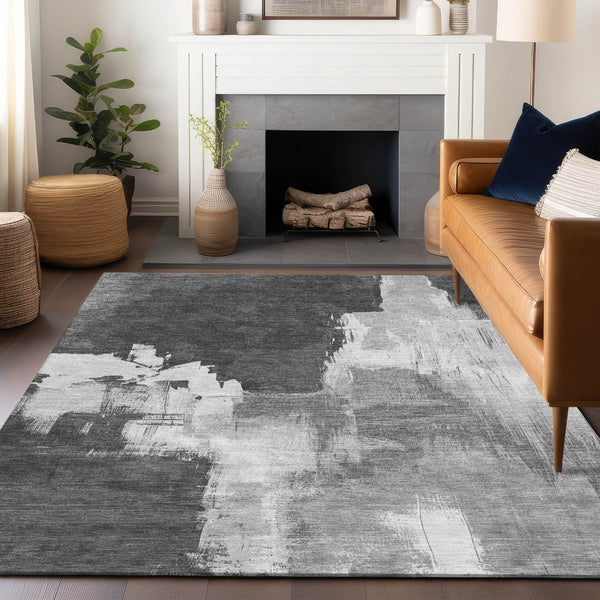 HomeRoots 5' Gray and Smoky Black Abstract Washable Area Rug for Stylish Indoor and Outdoor Spaces 5' X 8' 609167