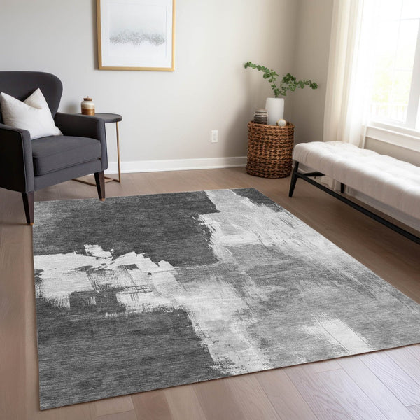 HomeRoots 5' Gray and Smoky Black Abstract Washable Area Rug for Stylish Indoor and Outdoor Spaces 9' X 12' 609170