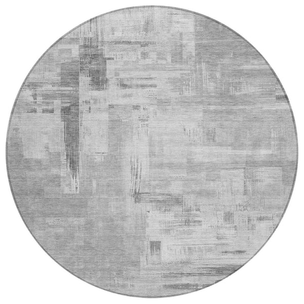HomeRoots 5' Durable Gray and Off-White Abstract Washable Area Rug for Indoor and Outdoor High-Traffic Use 8' Round 609198
