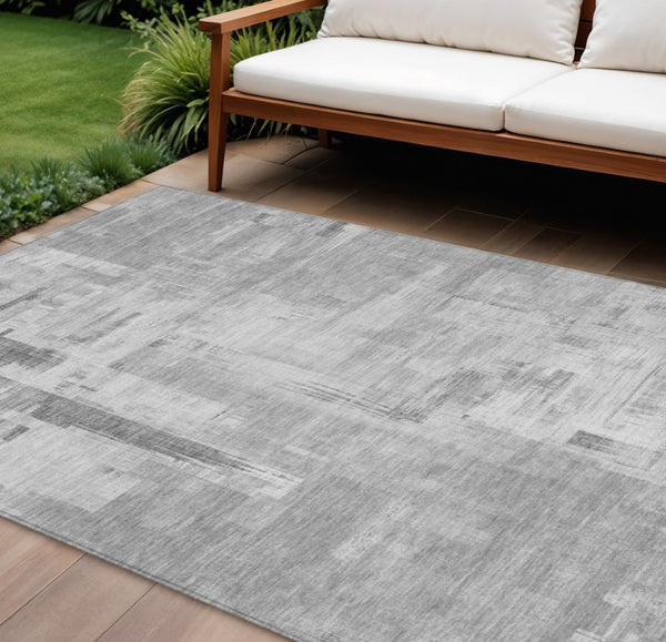 HomeRoots 5' Durable Gray and Off-White Abstract Washable Area Rug for Indoor and Outdoor High-Traffic Use 8' X 10' 609199