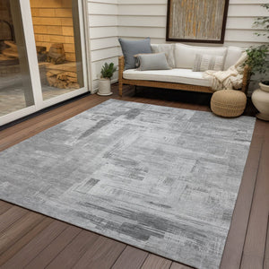HomeRoots 5' Durable Gray and Off-White Abstract Washable Area Rug for Indoor and Outdoor High-Traffic Use 8' X 10' 609199