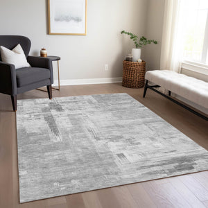 HomeRoots 5' Durable Gray and Off-White Abstract Washable Area Rug for Indoor and Outdoor High-Traffic Use 8' X 10' 609199