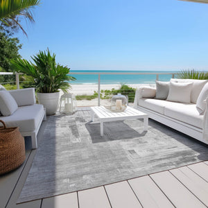 HomeRoots 5' Durable Gray and Off-White Abstract Washable Area Rug for Indoor and Outdoor High-Traffic Use 8' X 10' 609199
