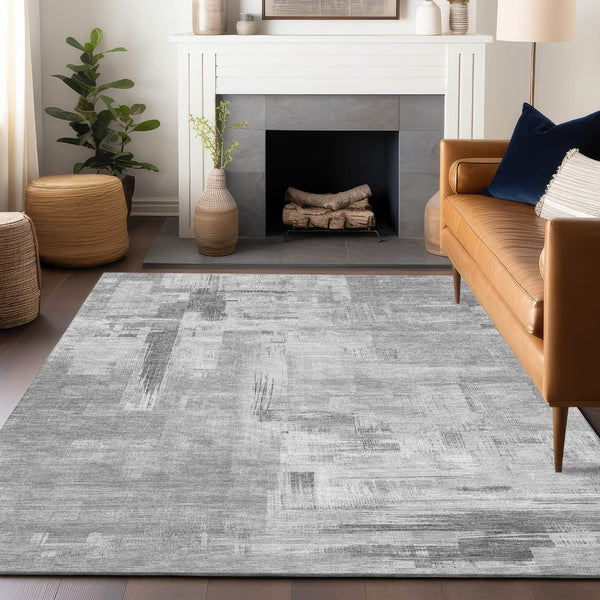 HomeRoots 5' Durable Gray and Off-White Abstract Washable Area Rug for Indoor and Outdoor High-Traffic Use 9' X 12' 609200