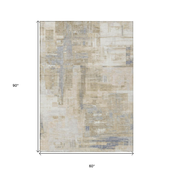 HomeRoots 5' Stylish Ivory and Beige Abstract Area Rug for Indoor and Outdoor Use - Washable and Durable Design 5' X 8' 609203