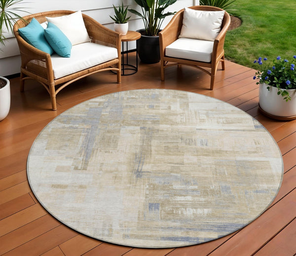 HomeRoots 5' Stylish Ivory and Beige Abstract Area Rug for Indoor and Outdoor Use - Washable and Durable Design 8' Round 609204
