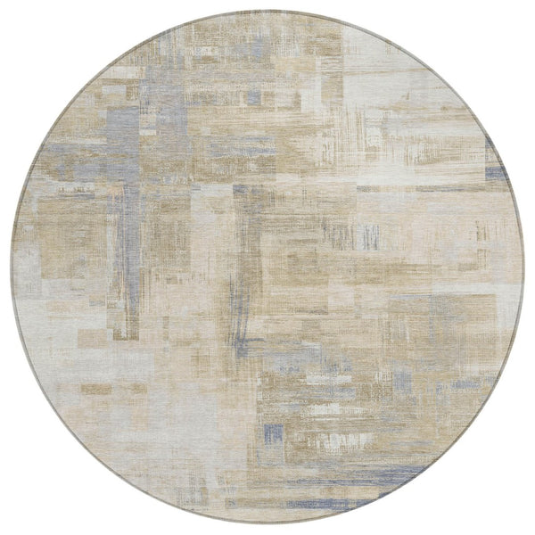 HomeRoots 5' Stylish Ivory and Beige Abstract Area Rug for Indoor and Outdoor Use - Washable and Durable Design 8' Round 609204