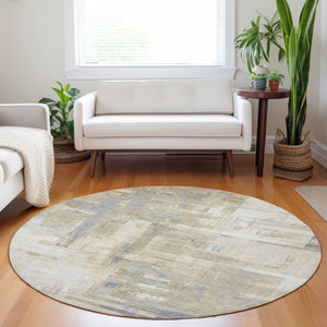 HomeRoots 5' Stylish Ivory and Beige Abstract Area Rug for Indoor and Outdoor Use - Washable and Durable Design 8' Round 609204