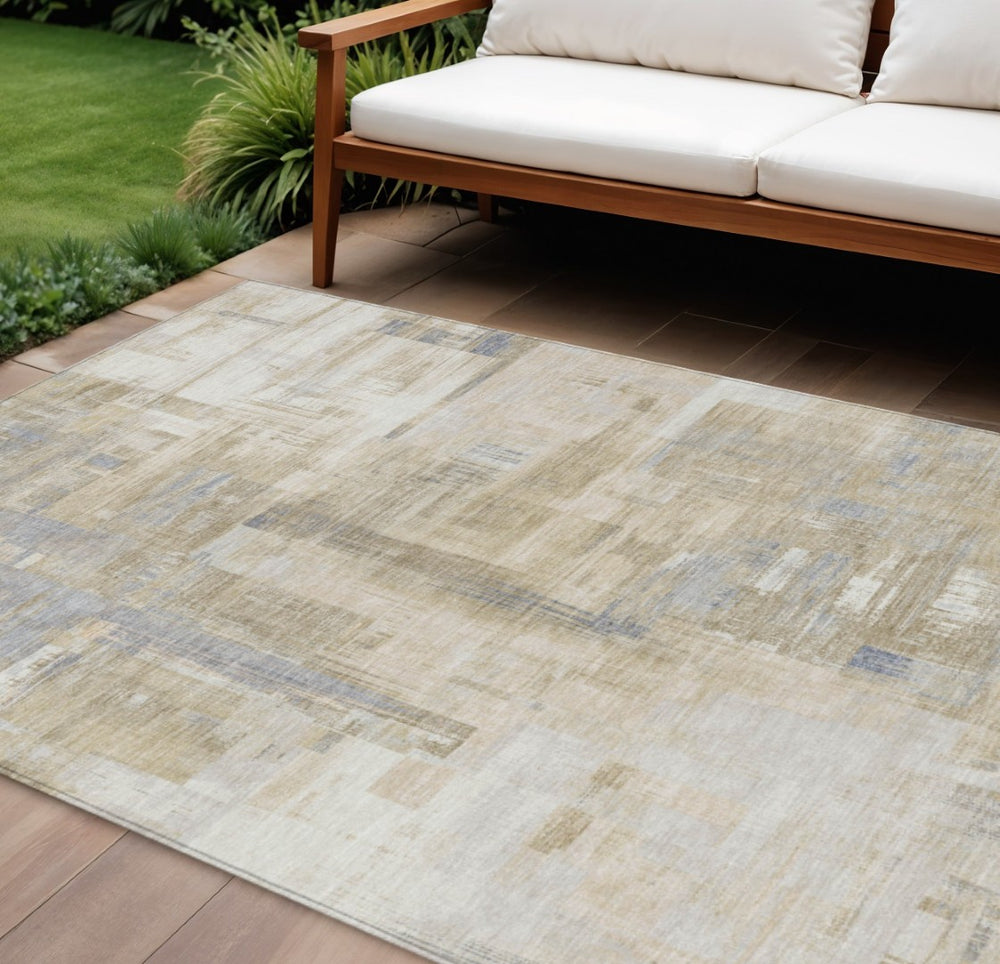 HomeRoots 5' Stylish Ivory and Beige Abstract Area Rug for Indoor and Outdoor Use - Washable and Durable Design 8' X 10' 609205