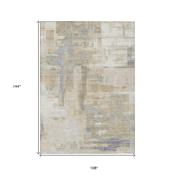 HomeRoots 5' Stylish Ivory and Beige Abstract Area Rug for Indoor and Outdoor Use - Washable and Durable Design 9' X 12' 609206
