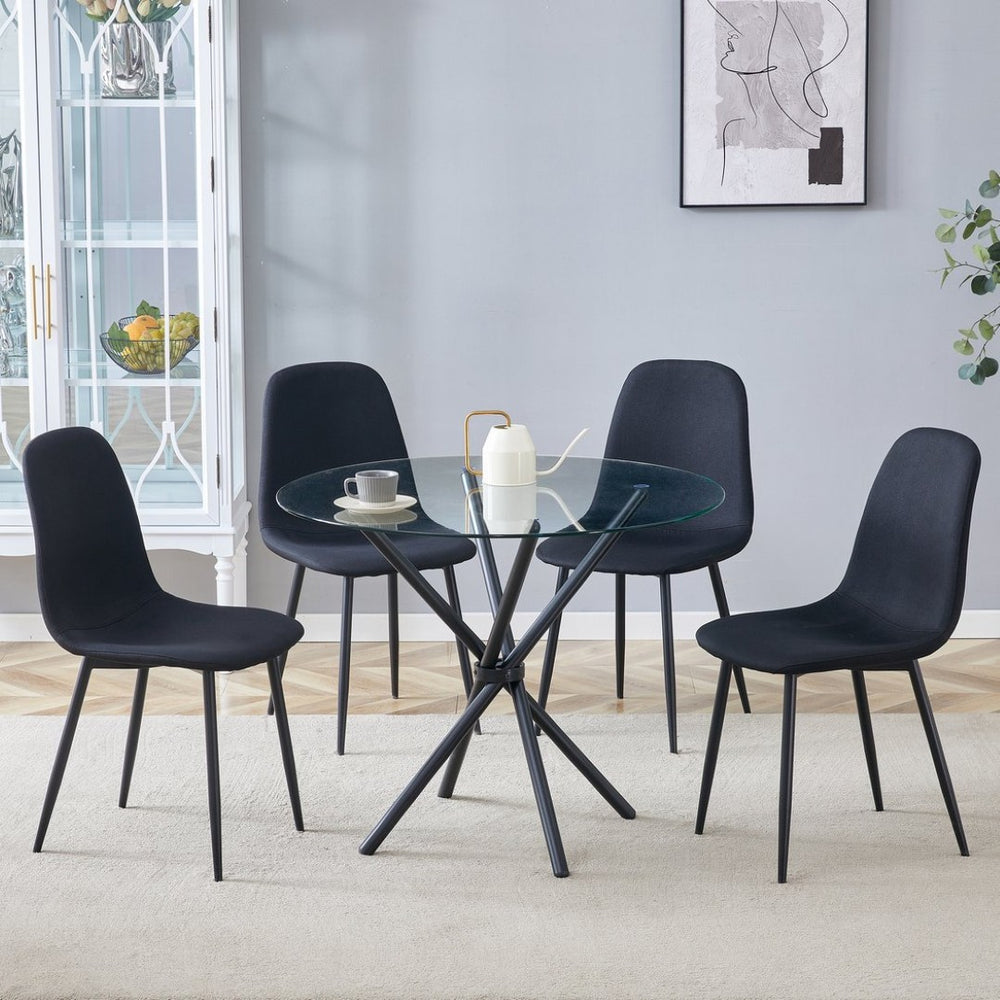 English Elm Table 5-Piece Modern Glass Dining Set With 4 Black Linen Chairs And Stylish Metal Legs For Home W1151S03668-GIGA