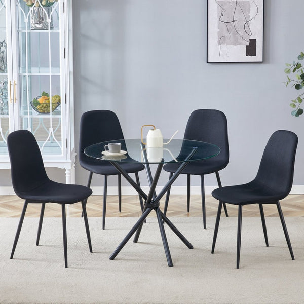 English Elm Table 5-Piece Modern Glass Dining Set With 4 Black Linen Chairs And Stylish Metal Legs For Home W1151S03668-GIGA