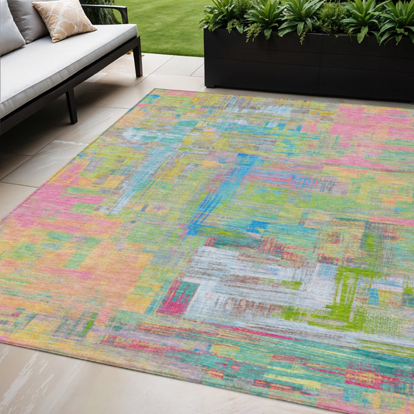 HomeRoots 5' Vibrant Pink, Key Lime & Sky Blue Abstract Washable Area Rug for Indoor/Outdoor Spaces 5' X 8' 609215