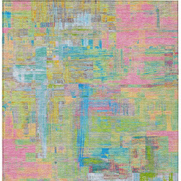 HomeRoots 5' Vibrant Pink, Key Lime & Sky Blue Abstract Washable Area Rug for Indoor/Outdoor Spaces 5' X 8' 609215