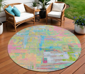HomeRoots 5' Vibrant Pink, Key Lime & Sky Blue Abstract Washable Area Rug for Indoor/Outdoor Spaces 8' Round 609216