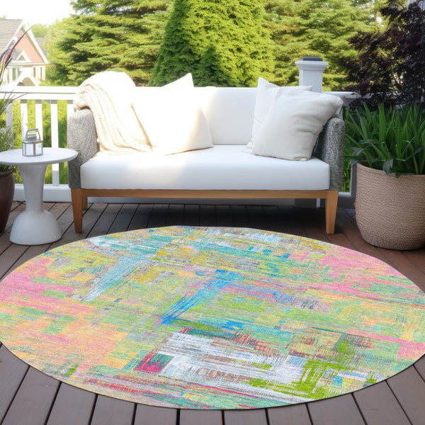 HomeRoots 5' Vibrant Pink, Key Lime & Sky Blue Abstract Washable Area Rug for Indoor/Outdoor Spaces 8' Round 609216