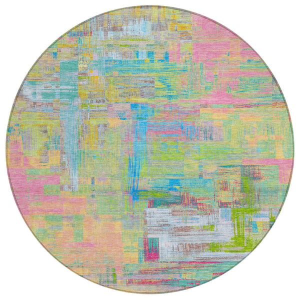 HomeRoots 5' Vibrant Pink, Key Lime & Sky Blue Abstract Washable Area Rug for Indoor/Outdoor Spaces 8' Round 609216