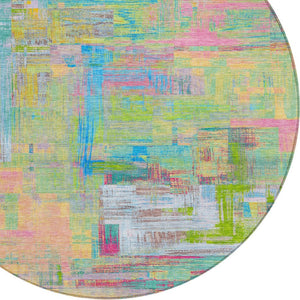HomeRoots 5' Vibrant Pink, Key Lime & Sky Blue Abstract Washable Area Rug for Indoor/Outdoor Spaces 8' Round 609216
