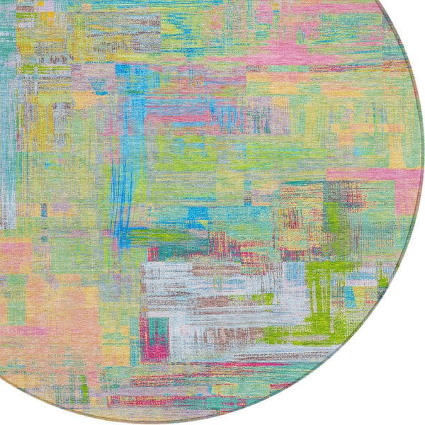 HomeRoots 5' Vibrant Pink, Key Lime & Sky Blue Abstract Washable Area Rug for Indoor/Outdoor Spaces 8' Round 609216