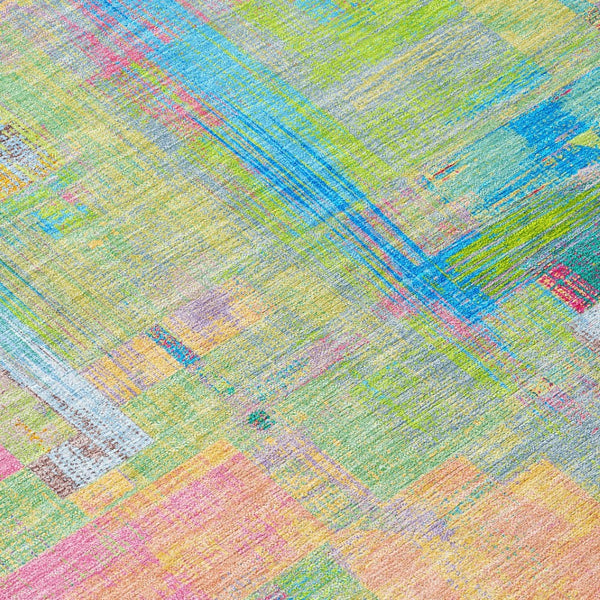 HomeRoots 5' Vibrant Pink, Key Lime & Sky Blue Abstract Washable Area Rug for Indoor/Outdoor Spaces 8' Round 609216