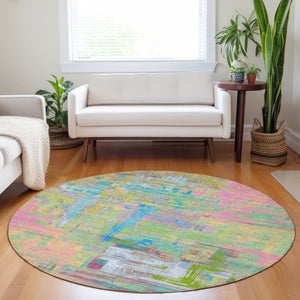 HomeRoots 5' Vibrant Pink, Key Lime & Sky Blue Abstract Washable Area Rug for Indoor/Outdoor Spaces 8' Round 609216