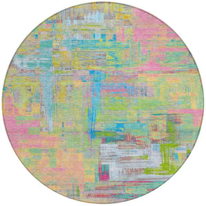 HomeRoots 5' Vibrant Pink, Key Lime & Sky Blue Abstract Washable Area Rug for Indoor/Outdoor Spaces 8' Round 609216