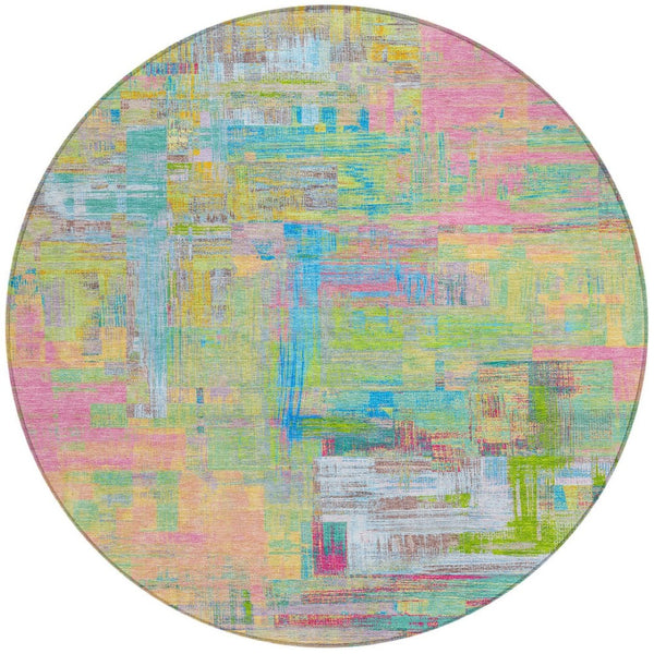 HomeRoots 5' Vibrant Pink, Key Lime & Sky Blue Abstract Washable Area Rug for Indoor/Outdoor Spaces 8' Round 609216