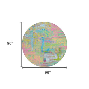 HomeRoots 5' Vibrant Pink, Key Lime & Sky Blue Abstract Washable Area Rug for Indoor/Outdoor Spaces 8' Round 609216