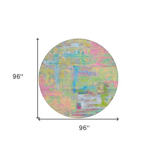 HomeRoots 5' Vibrant Pink, Key Lime & Sky Blue Abstract Washable Area Rug for Indoor/Outdoor Spaces 8' Round 609216